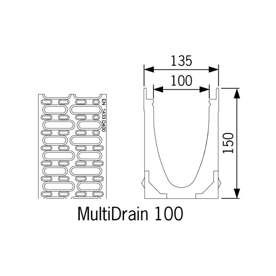 Multi Drain D150 met Gietijzeren rooster 100 cm