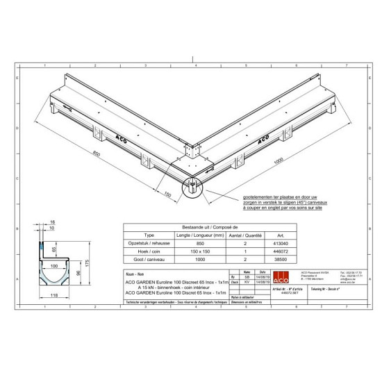 Aco Slotline RVS hk.st inw H=65mm L=850+150